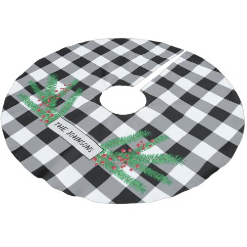 Pine Branches  Red Berries  Buffalo Check Brushed Polyester Tree Skirt