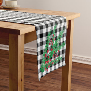 Pine Branches ,Red Berries,Buffalo Check Holiday Short Table Runner
