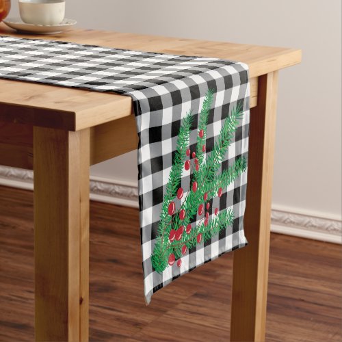 Pine Branches Red BerriesBuffalo Check Holiday Short Table Runner