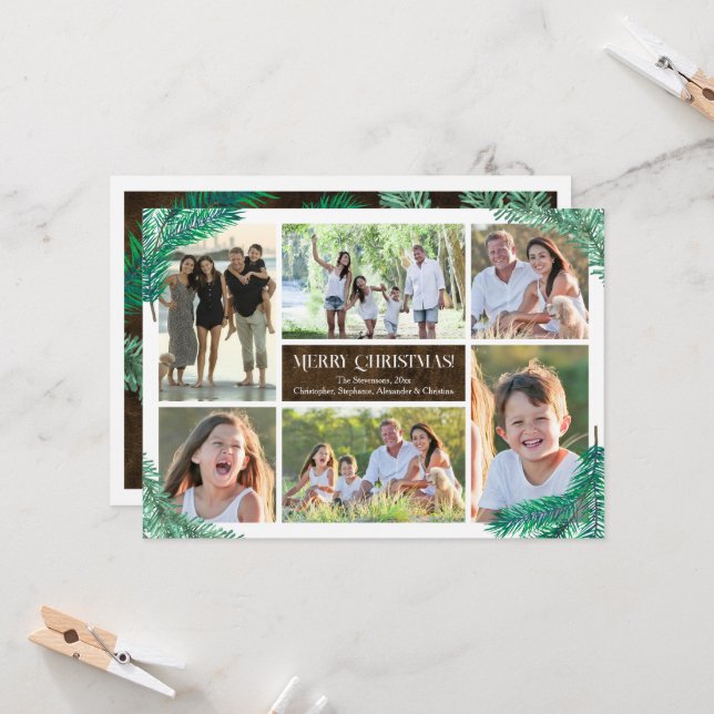Pine Branches Six Photo Collage Custom  Invitation (Front/Back In Situ)