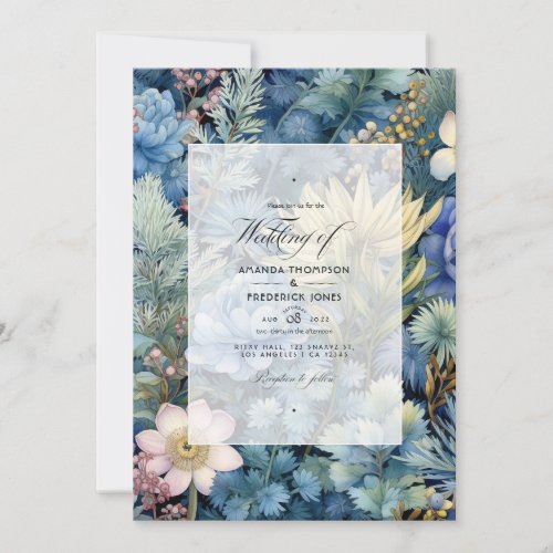 Pine Brass and Pastel Blue Floral Winter Wedding Invitation