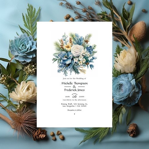Pine Brass and Pastel Blue Floral Winter Wedding Invitation