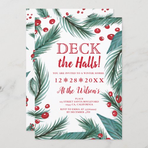 Pine Christmas mistletoe watercolor deck the halls Invitation