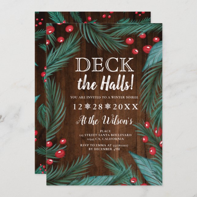 Pine Christmas mistletoe wood deck the halls Invitation (Front/Back)
