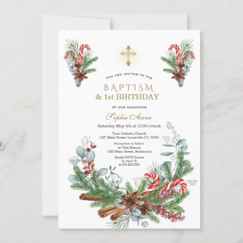 Pine Cinnamon Candy Cane 1st Birthday   Baptism Invitation