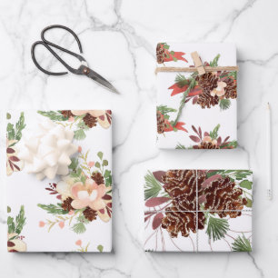 Pine Cone and Floral Bouquets Assorted Wrapping Paper Sheets