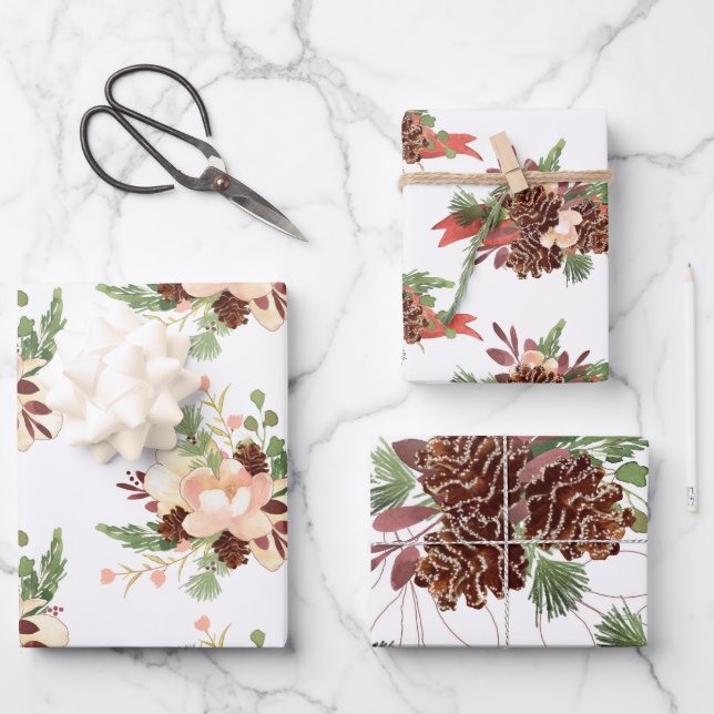 Pine Cone and Floral Bouquets Assorted Wrapping Paper Sheets (Front)