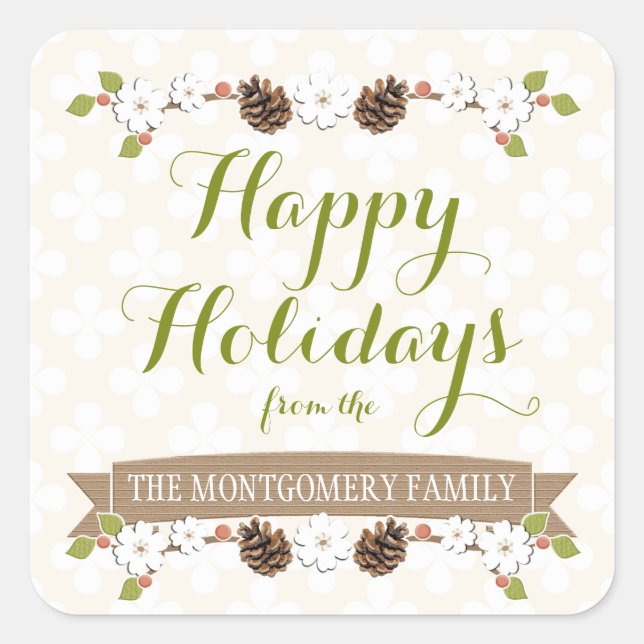 Pine Cone and Flowering Laurel with Berries Square Sticker (Front)