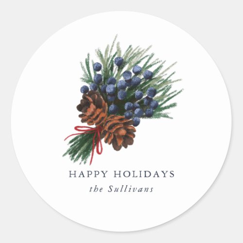 Pine Cone  Berries Bouquet Happy Holidays Classic Round Sticker