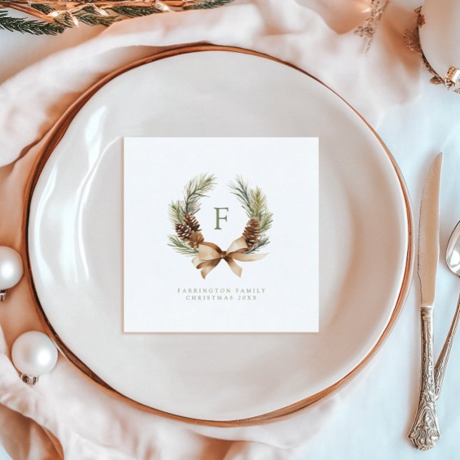 Pine Cone & Bow Wreath Monogram Family Holiday Paper Dinner Napkins (Creator Uploaded)