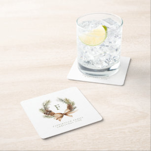 Pine Cone & Bow Wreath Monogram Family Holiday Square Paper Coaster