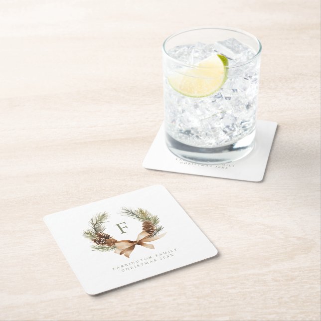 Pine Cone & Bow Wreath Monogram Family Holiday Square Paper Coaster (Insitu)