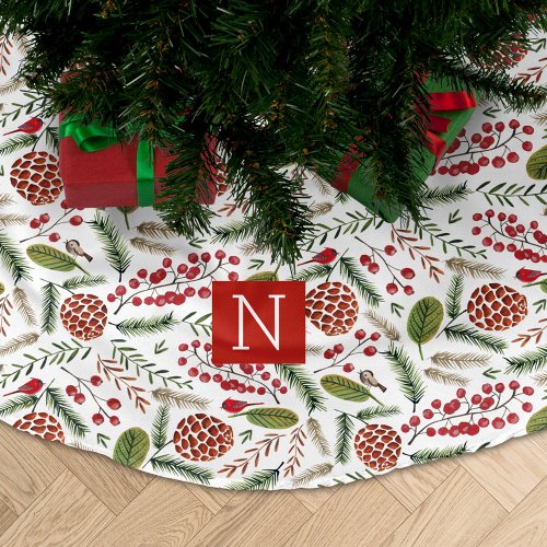 Pine cone cardinal Christmas monogram Brushed Polyester Tree Skirt