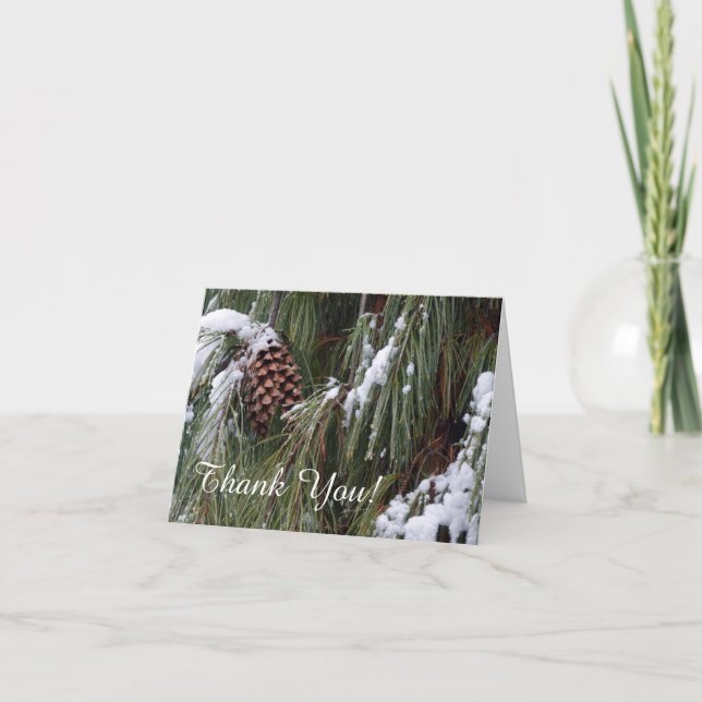 Pine Cone Evergreen Snow Winter Holiday Thank You Card (Front)