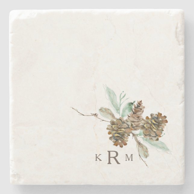  Pine Cone Foliage Fall Holiday Monogram Stone Coaster (Front)