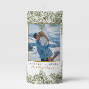 Pine cone & Gold Christmas Foliage Merry & Married Pillar Candle
