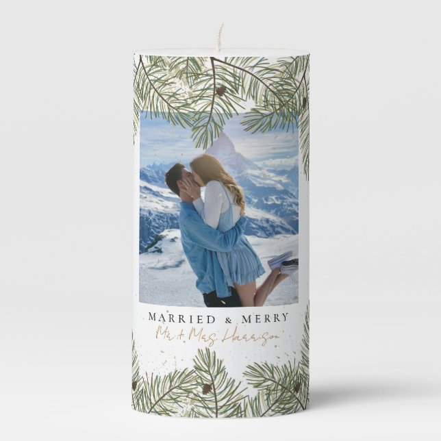 Pine cone & Gold Christmas Foliage Merry & Married Pillar Candle (Front)