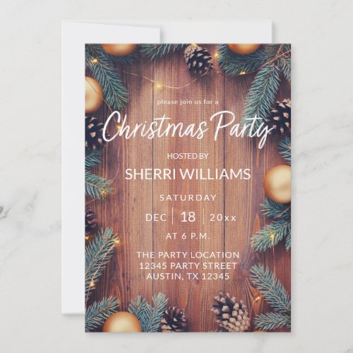Pine Cone  Gold Ornament Rustic Christmas Party Invitation