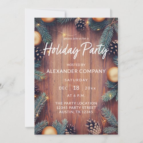 Pine Cone  Gold Ornament Rustic Holiday Party Invitation