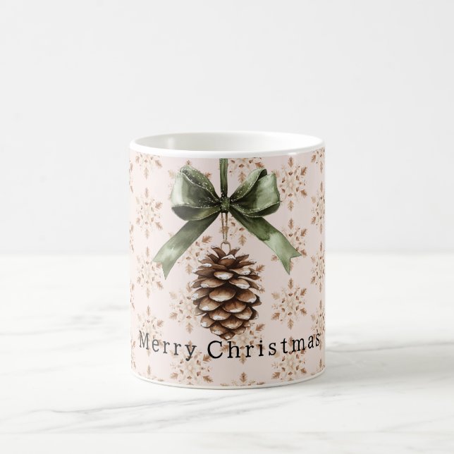 Pine Cone Green Bow Christmas Cream Snowflakes Coffee Mug (Center)