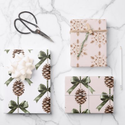 Pine Cone Green Bow Christmas Cream Snowflakes Wrapping Paper Sheets