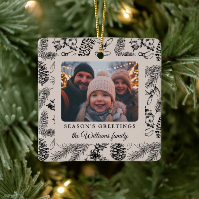 Pine Cone Holiday Photo Festive Ceramic Ornament (Tree)