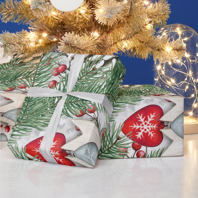 Pine Cone Holly Berries Christmas Design Wrapping Paper (Holidays)
