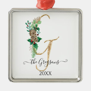 Pine Cone Holly Christmas Gold Glitter Monogram G Metal Ornament