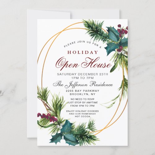 Pine Cone Holly Frame Christmas Holiday OPEN HOUSE Invitation