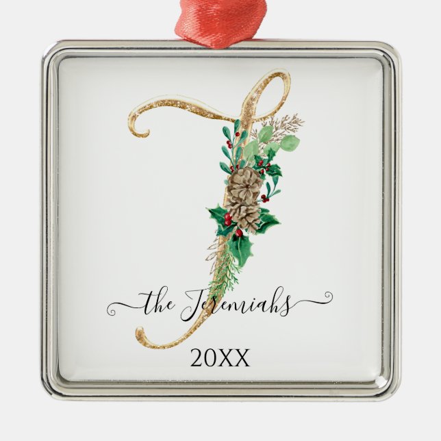 Pine Cone Monogram J Gold Glitter Holly Christmas Metal Ornament (Front)