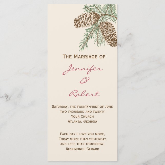 Pine Cone Nature on Cream Wedding Program (Front)