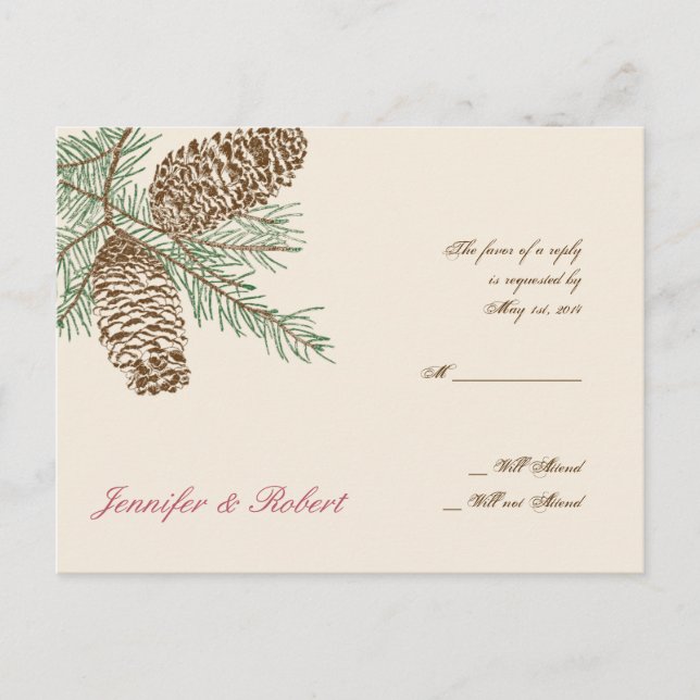 Pine Cone Nature on Cream Wedding RSVP Postcard (Front)