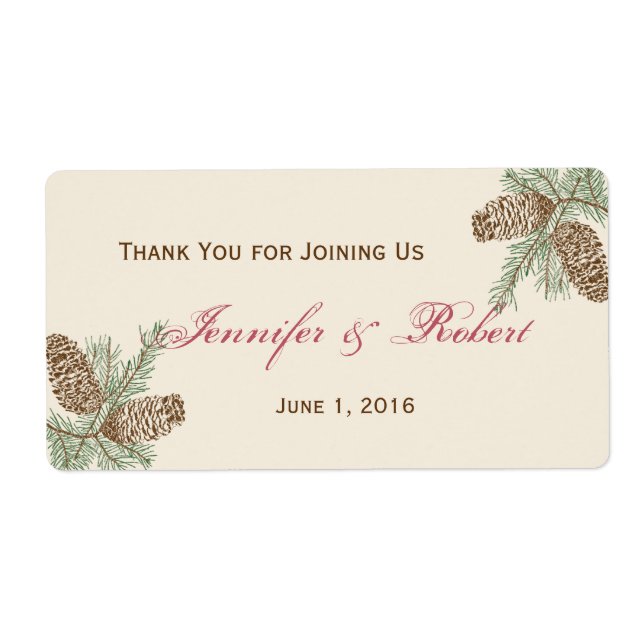 Pine Cone Nature on Cream Wedding Water Bottle Lab Label (Front)