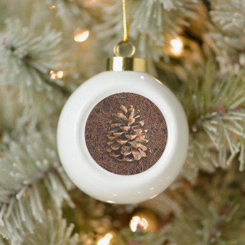 Pine Cone On Fallen Needles Ceramic Ball Christmas Ornament