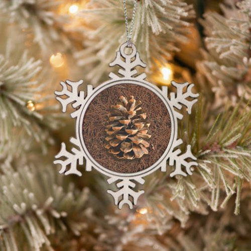 Pine Cone On Fallen Needles Snowflake Pewter Christmas Ornament