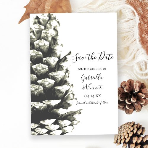 Pine Cone on White Woods Wedding Save the Date