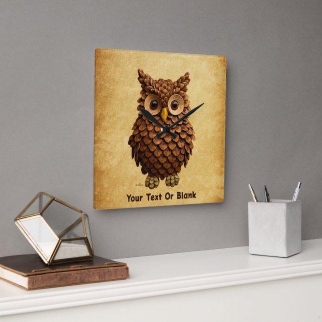 Pine Cone Owl Square Wall Clock (Office)