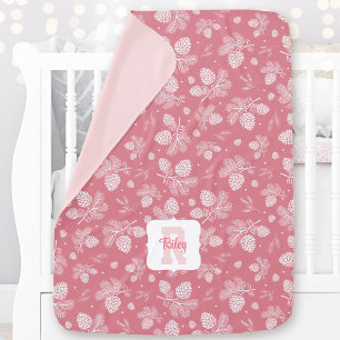 Pine Cone Pink Name Monogram Girl Winter Baby Blanket