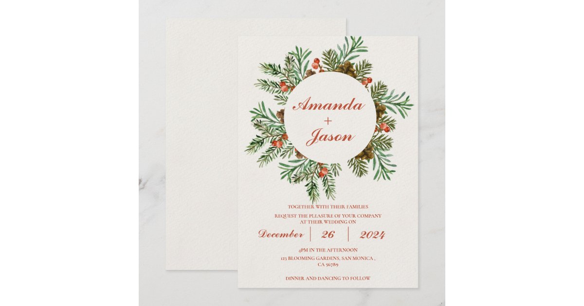 Pine Cone Red Berries Christmas wedding Invitation | Zazzle