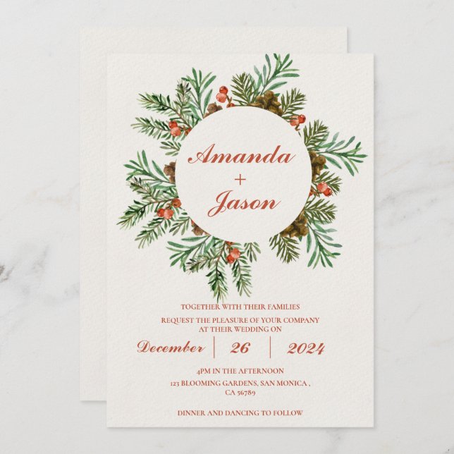 Pine Cone Red Berries Christmas wedding Invitation (Front/Back)