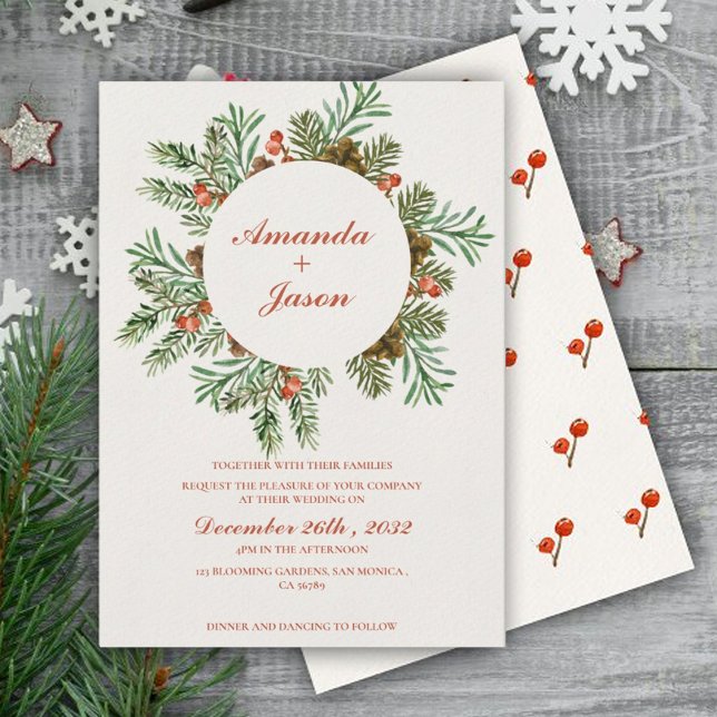 Pine Cone Red Berries Christmas wedding Invitation (Pine Cone Red Berries Christmas wedding Invitation)