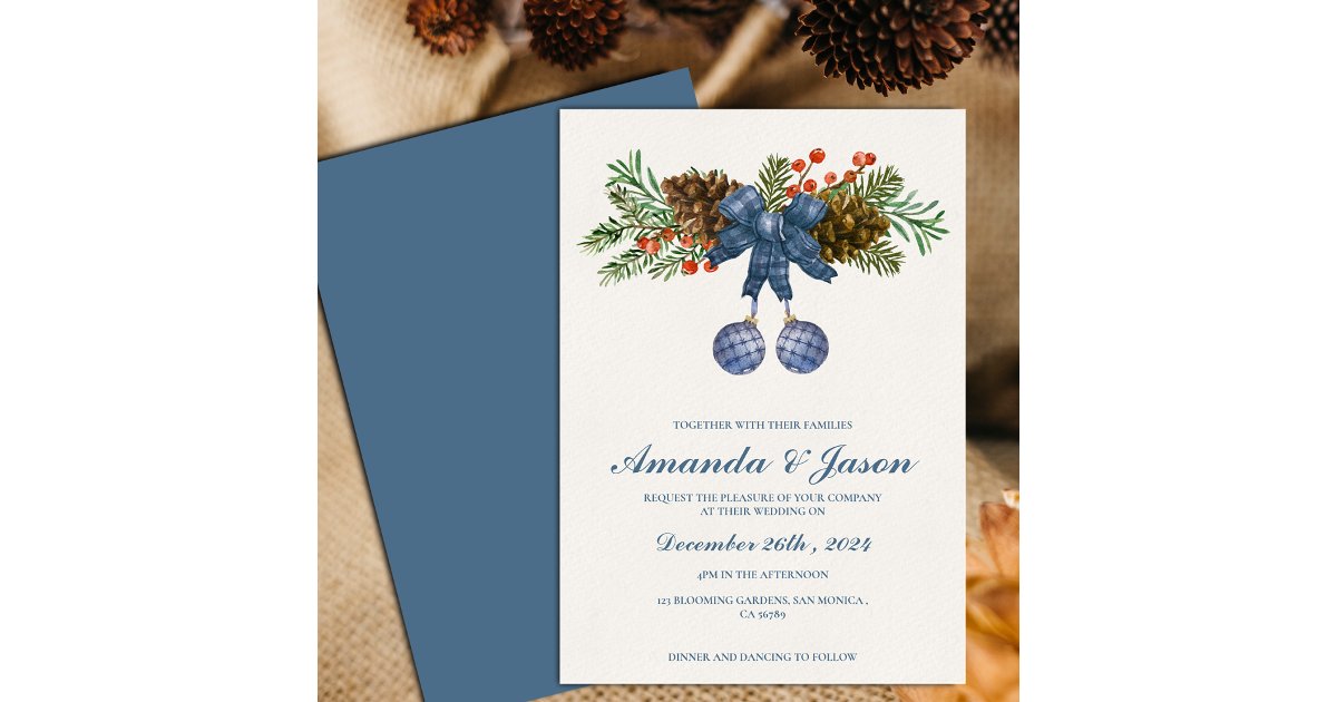Pine Cone Red Berries Christmas wedding Invitation | Zazzle