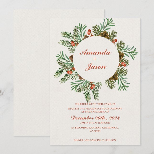 Pine Cone Red Berries Christmas wedding Invitation (Front/Back)