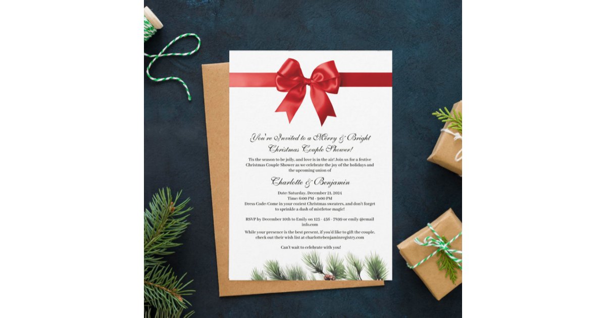 Pine Cone Red Ribbon Christmas Couples Shower Invitation | Zazzle