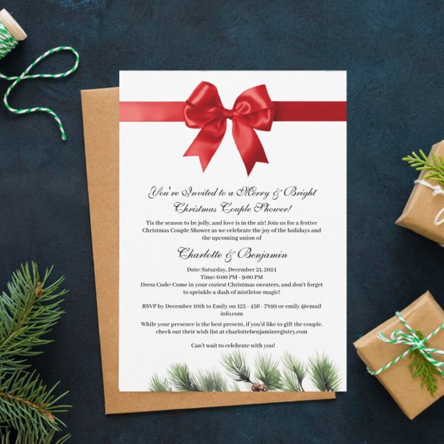 Pine Cone Red Ribbon Christmas Couples Shower  Invitation (Creator Uploaded)