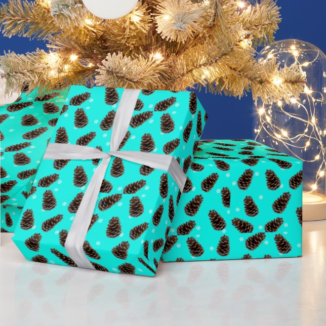 Pine Cone Snowflake Pattern Aqua Wrapping Paper (Holidays)