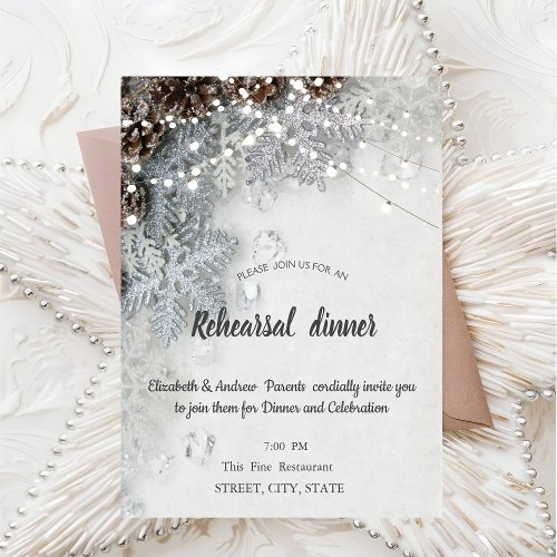 Pine Cone Snowflakes Rehearsal Dinner Invitation