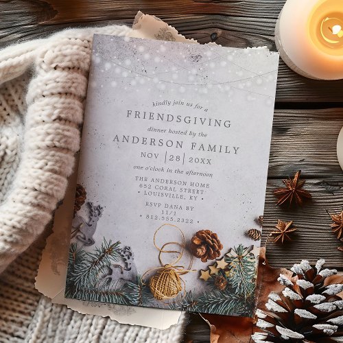 Pine Cone String Lights Rustic Friendsgiving Invitation