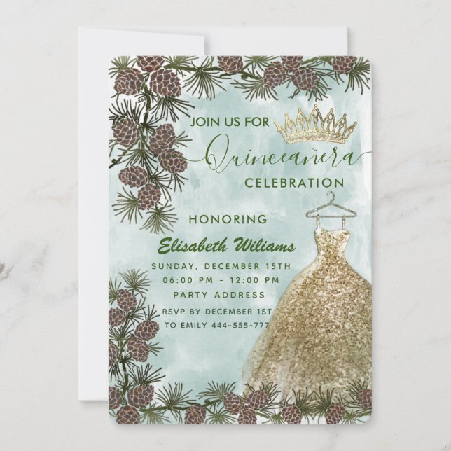 Pine cone watercolor gold tiara Quinceañera  Invitation (Front)