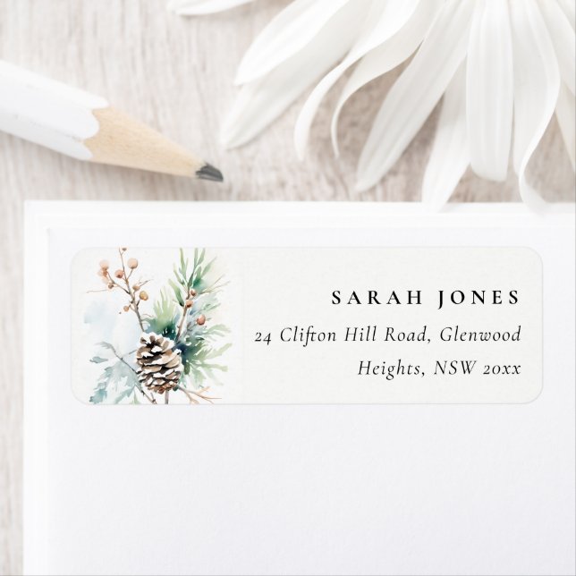 Pine Cone Watercolor Winter Berries Address Label (Insitu)